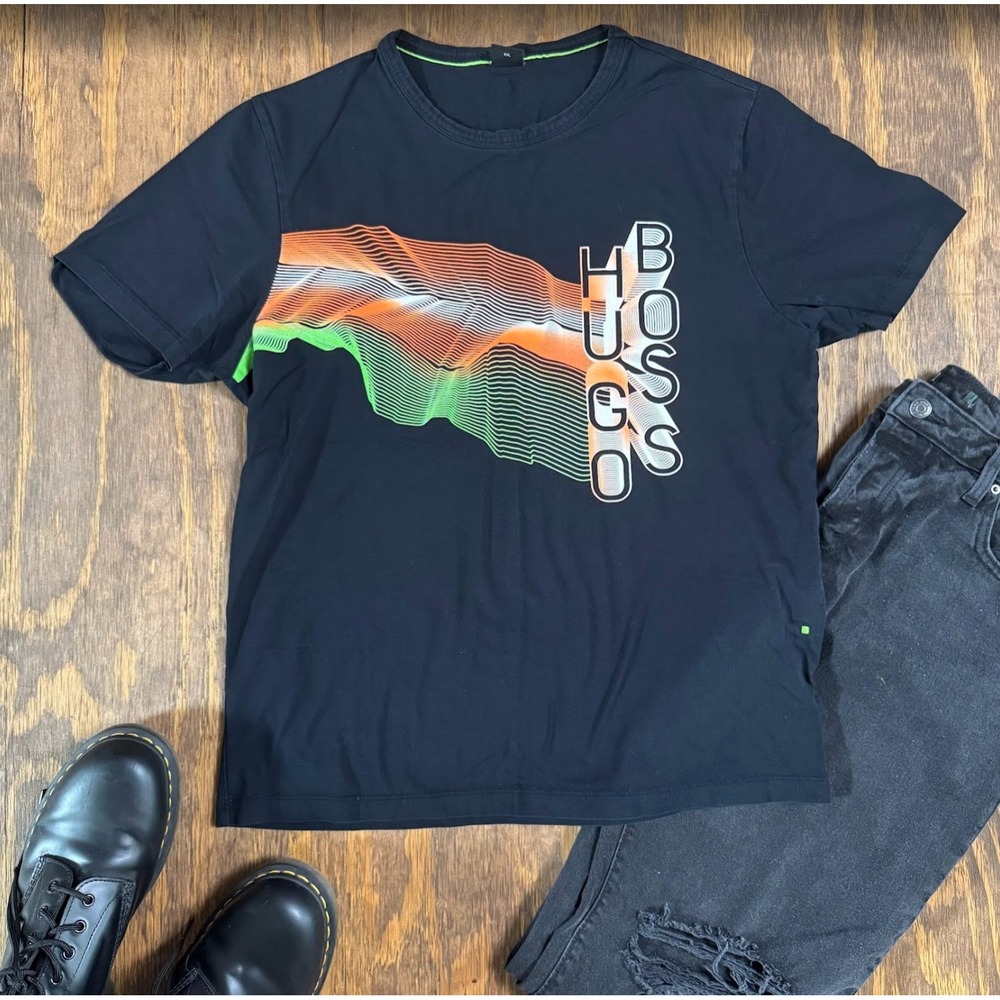 Hugo Boss Graphic T Shirt Men's XXL Black Orange Green Wave Regular Fit